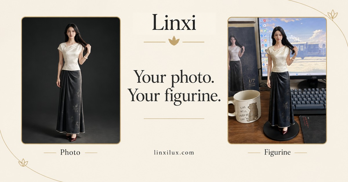 Linxi 品牌海报:人物照片与立体摆件对照